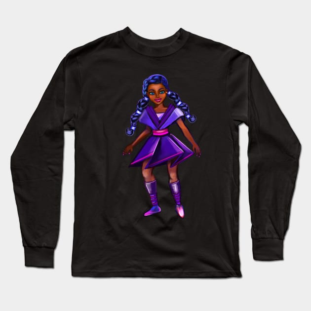 Black anime girl in purple from outer space 3 ! beautiful  black girl with Braided hair, blue eyes, Cherry pink lips and dark brown skin. Hair love ! Long Sleeve T-Shirt by Artonmytee